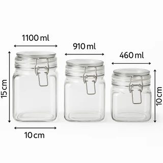 Kit 3 Potes De Vidro Vedação Hermético Quadrado C/ Travas Presilhas. Opção de venda por unidade.