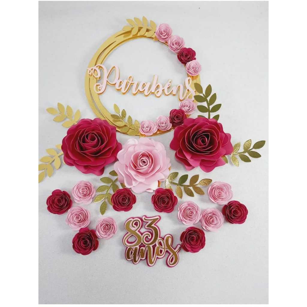 Topo topper bolo circular flores rosa 5 personalizado papel 3D feliz ...