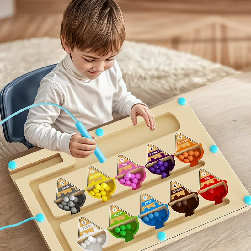 Giocattolo Montessori Labirinto Magnetico In Legno Per Bambini 2-6 Anni - Gioco Educativo Con 55 Perline Colorate, Numeri E Colori, Sviluppa Coordinazione E Motricità Fine, Regalo Ideale