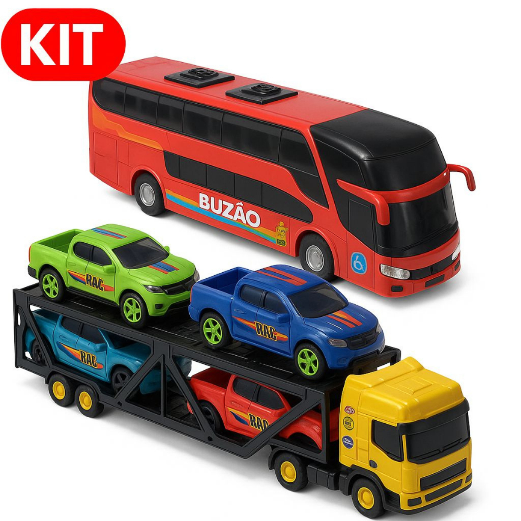Kit Caminhão Cegonha 4 Carrinhos Coloridos + Ônibus 2 Andar Brinquedo ...