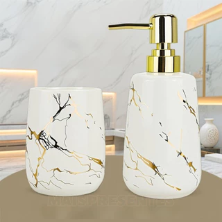 Jg 2 Peças Saboneteira Suporte Porta Escova Banheiro Cerâmica Branco Mármore Elegante - CHZ-107-M
