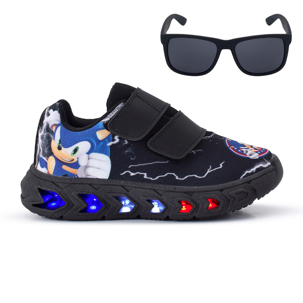 Kit Tenis Masculino Infantil De Led Meninos Sonic Velcro Óculos