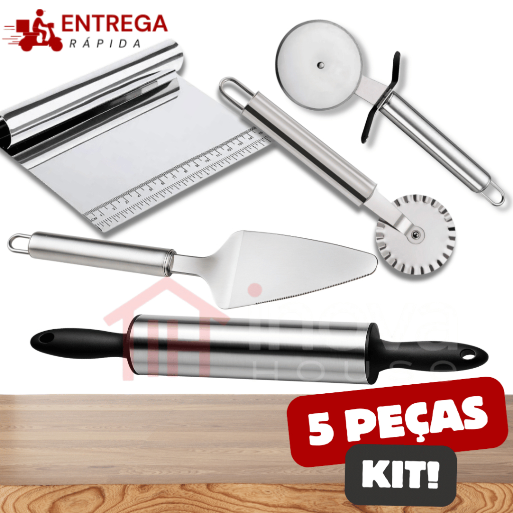 Kit 5 Peças Rolo de Massa Espátula Cortador Raspadora Confei