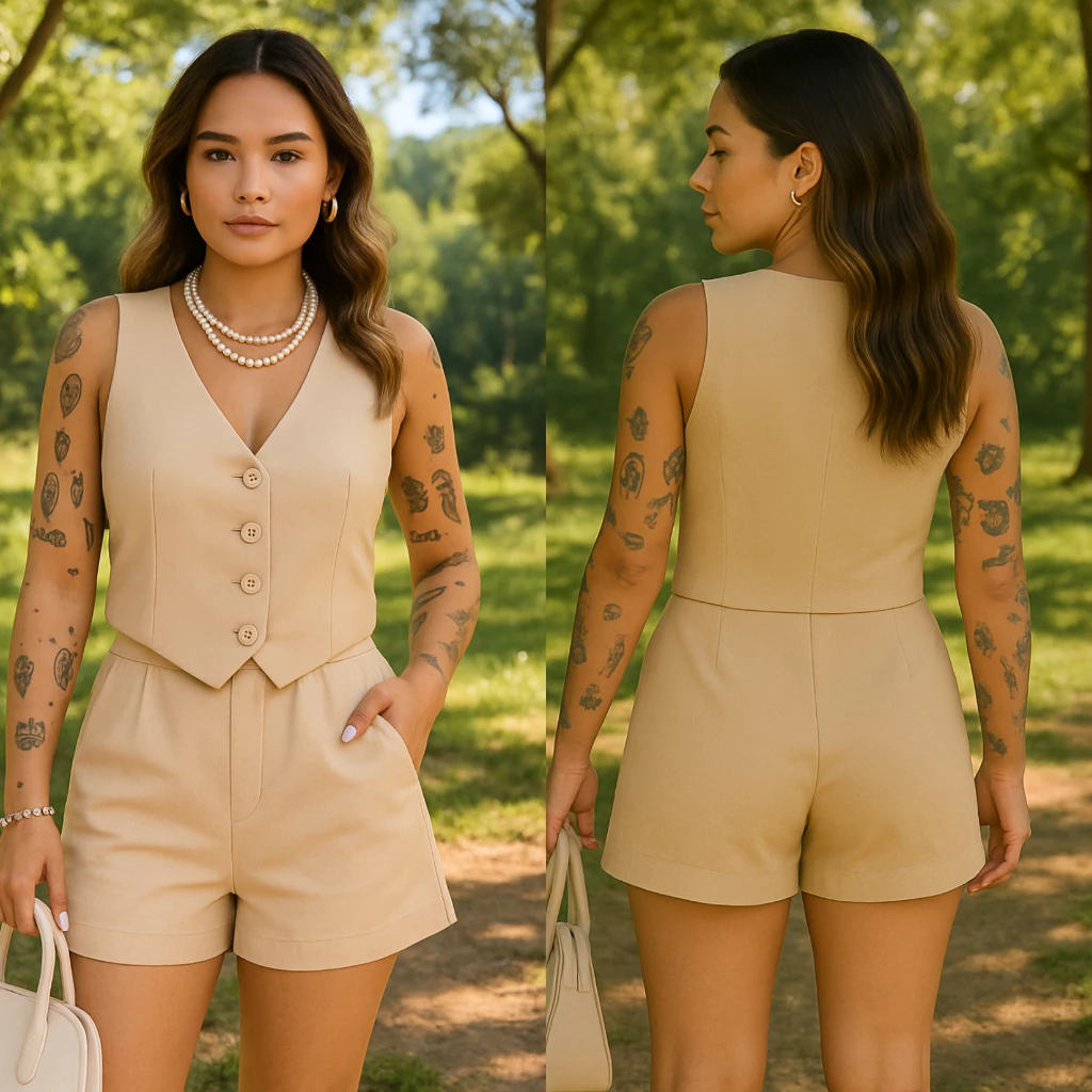 CONJUNTO FEMININO SOCIAL EN ALFAIATARIA PERFEITO PARA TRABALHO OU PASSEIO COLETE E SHORTS