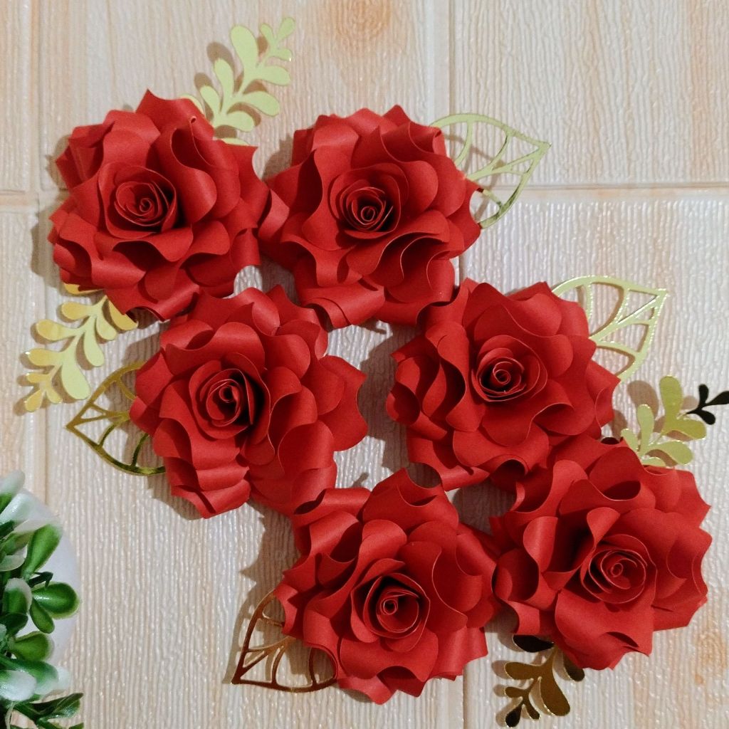 Kit Flores Papel para Topo de Bolo | Rosa 3D Folhas Douradas | Topper ...