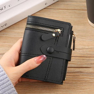 Carteira Feminina Pequena Porta-moedas Dobrável com Fivela e Multi-Zipper