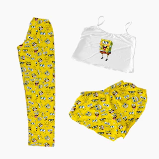 Conjunto Pijama 3 peças calça,shorts e cropped personagens amarelo blusa branca em Oferta na Shopee