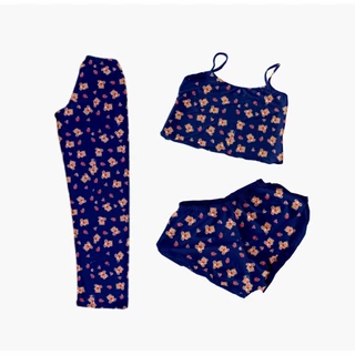Conjunto pijama 3 peças Calça,short e cropped ursinhos azul em Oferta na Shopee