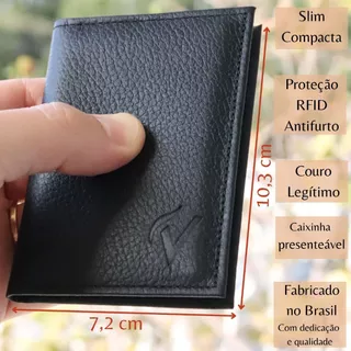 Carteira Masculina Antifurto Proteção RFID Slim Mini Couro Legítimo Cartões Cédulas CNH CIN Fabrica