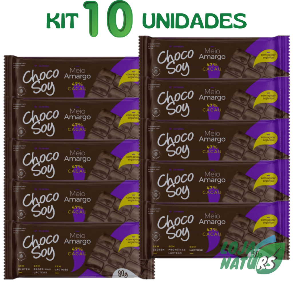 KIT 10 Barra Chocosoy Chocolate Meio Amargo Sem Glúten Sem Lactose 80g ...
