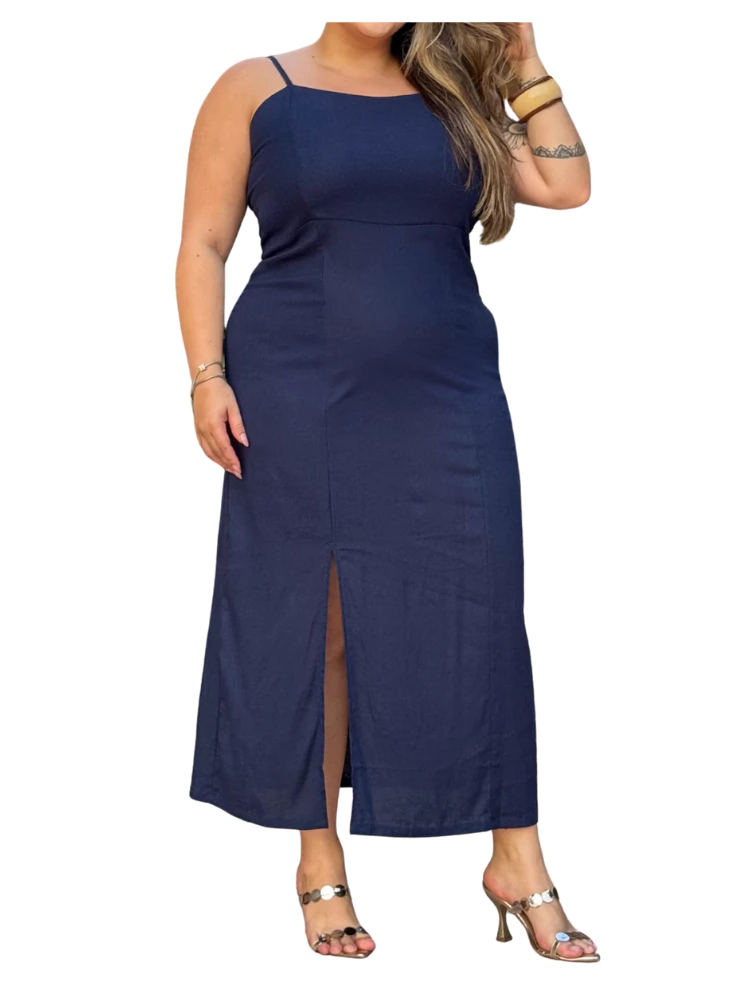 Vestido Feminino Linho com Elastano Plus Size | Alça Fina, Fenda Frontal – Veste G ao G1