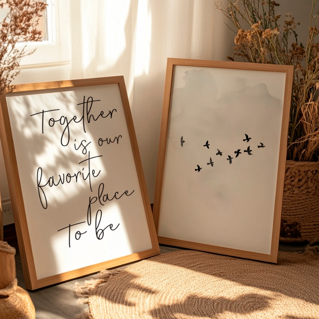 Kit 2 Quadros Frase Minimalista Pássaros Preto Branco Decoração Clean Moderna Sala Quarto Paz