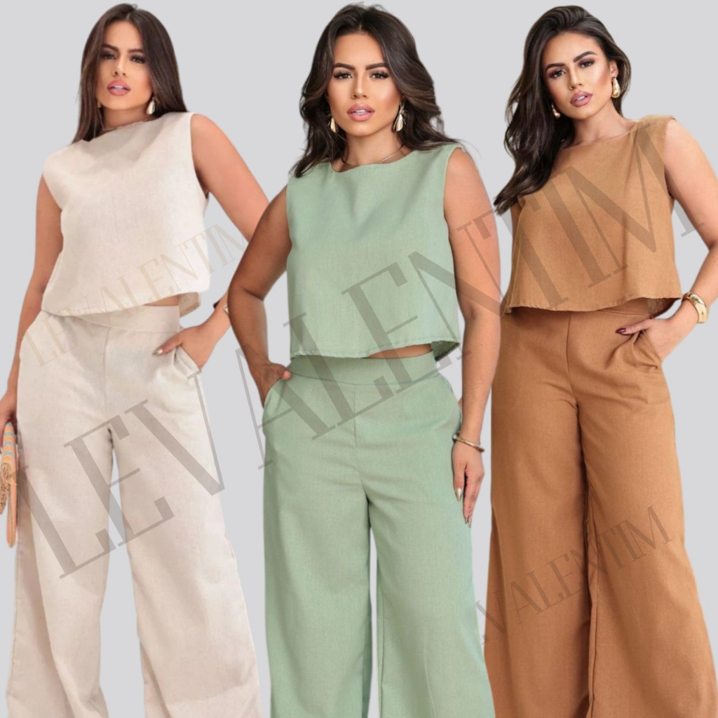 Conjunto Alfaiataria Social Feminino Calça e Blusa Em Linho | Shopee Brasil
