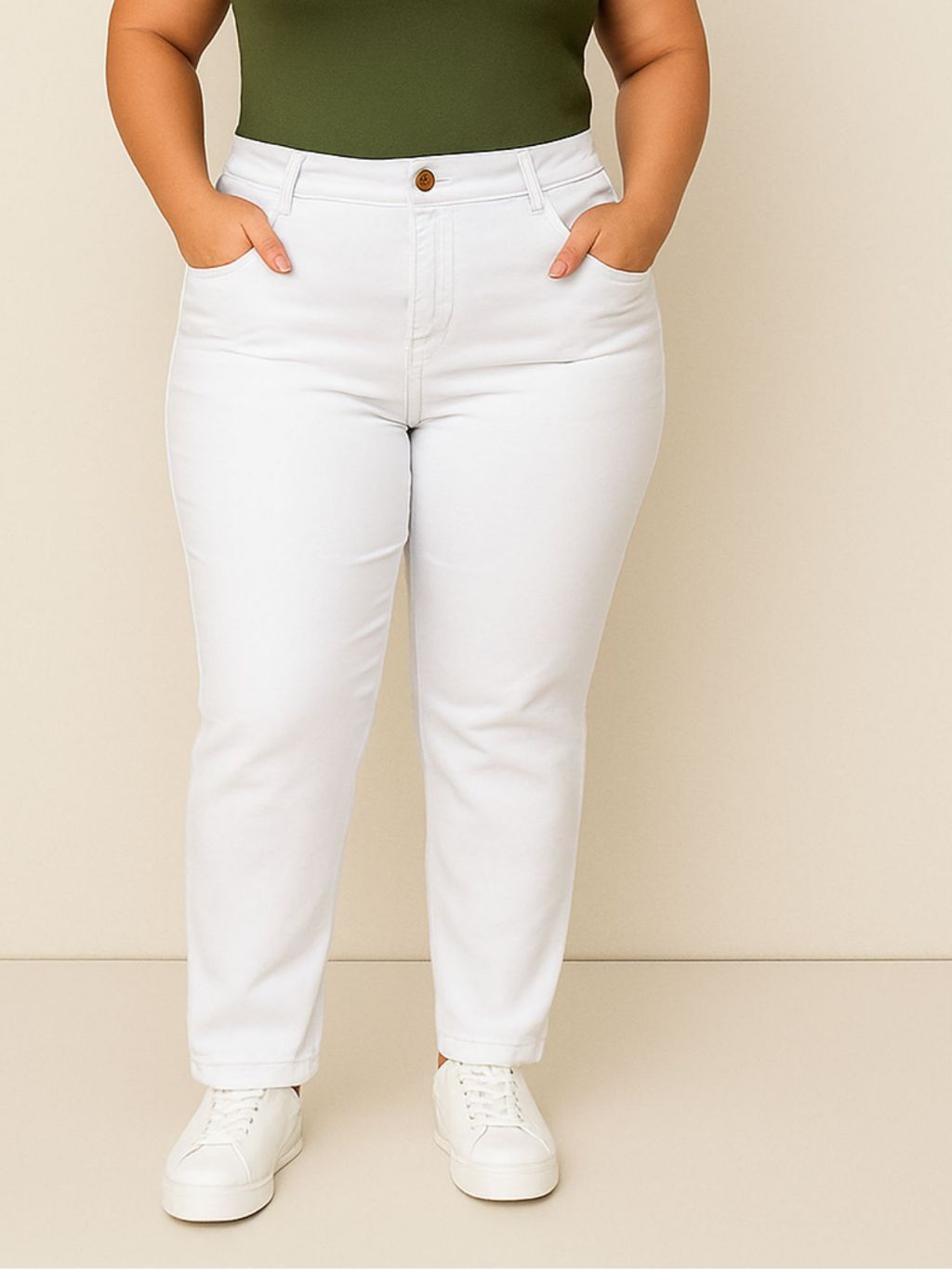 Calça Jeans Feminina Plus Size Branca Cintura Alta Levanta bumbum com ...