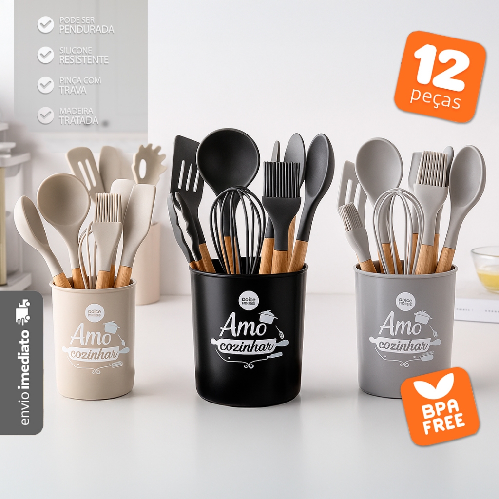 Jogo 12 Peças Utensílios Silicone Cabo Madeira