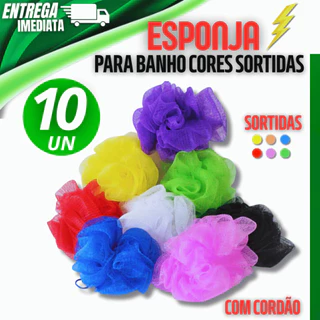 Conjunto Jogo 10 unidades Esponja Bucha Banho Nylon Com Cordinha Qualidade Garantida Cores Sortidas
