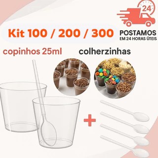 300 Und KIT COPINHO 25 ML BRIGADEIRO ACRÍLICO + MINI COLHER para Doces, Degustação, Festa Sobremesa