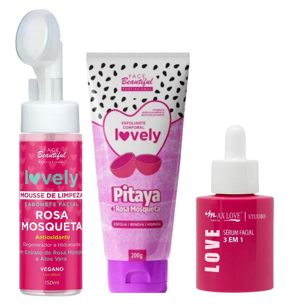 Kit Skincare Rosa Mosqueta Mousse de Limpeza Sérum Facial Max Love