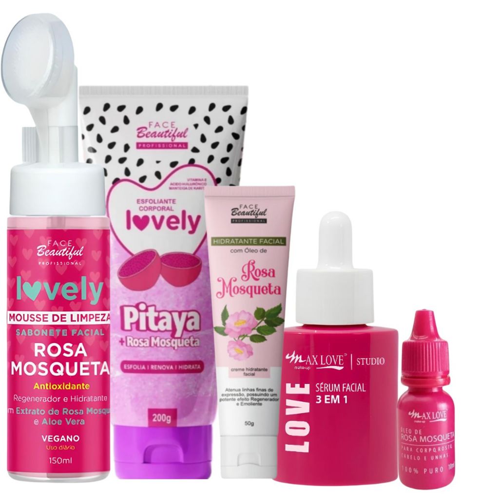 Kit Skincare Rosa Mosqueta Mousse de Limpeza Sérum Facial Max Love