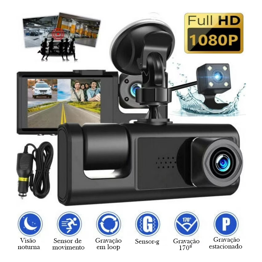 Dvr Automotivo Camera de Ré e Frontal 3 Câmeras 1080P Grava Imagem ...