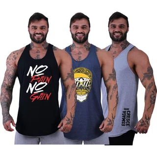 Kit 3 Regatas Longline Cavada Masculina MXD Conceito Estampada Caveira Esmaga Que Cresce Preto Verde