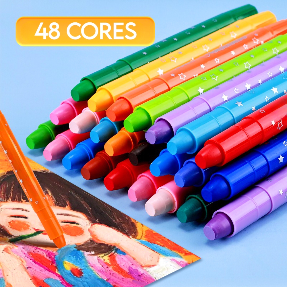 Giz de Cera Escolar Kit 48 Cores Retrátil Anti Quebra Colorido