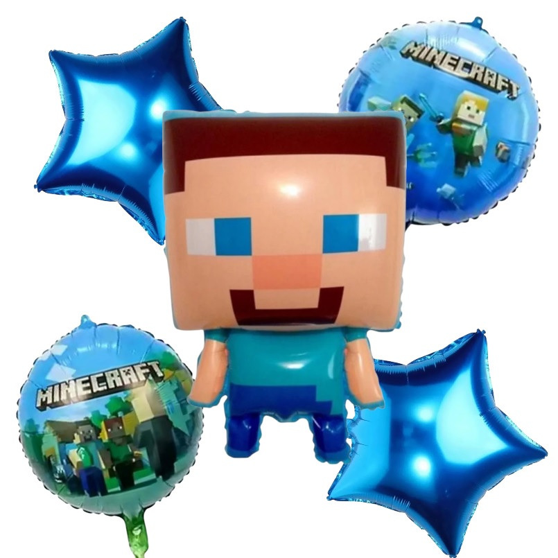 Kit 5 Balão Minecraft + Balão Redondo + Estrela Metalizado Steve ...