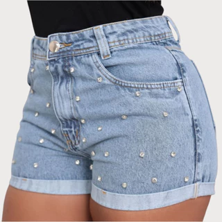 SHORT JEANS CASUAL FEMININO COM PONTOS DE LUZ CINTURA ALTA BARRA DOBRADA