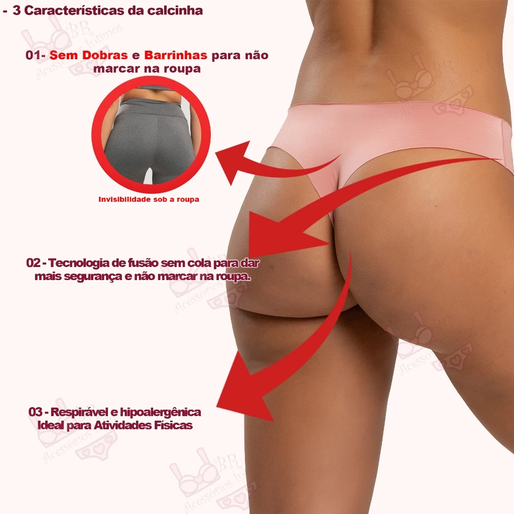 Infografico mostrando os diferenciais da calcinha sem costura, incluindo invisibilidade sob a roupa e propriedades hipoalergenicas