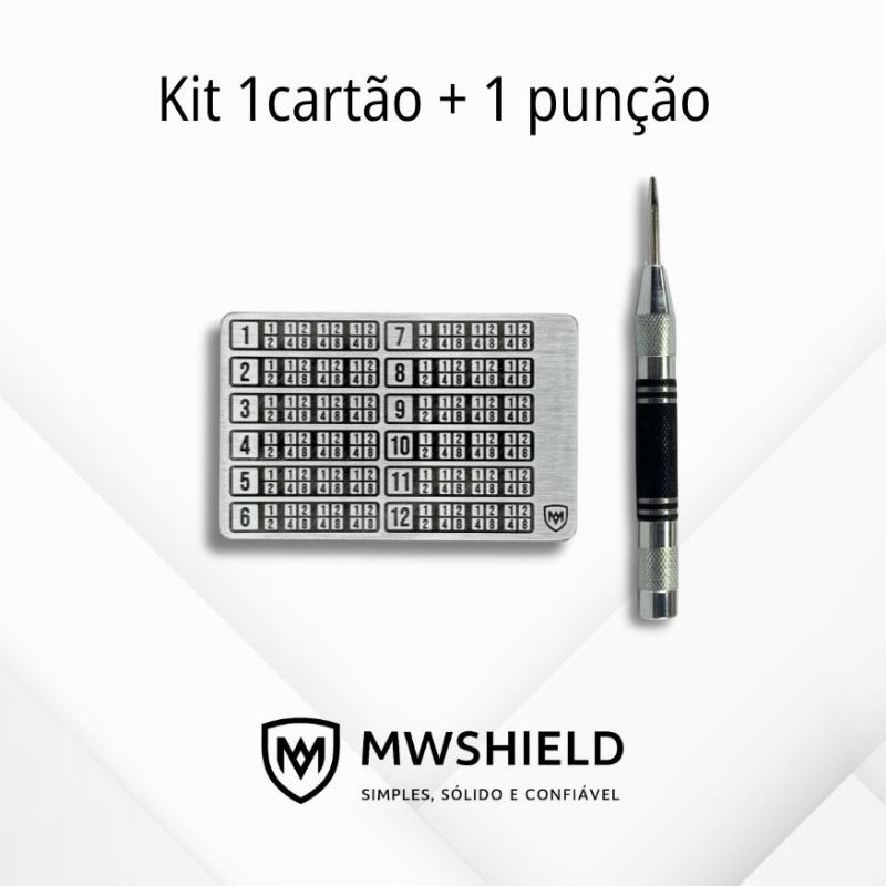 Carteira de metal Bitcoin BIP 39 | Kit 1 cartão mais punção | Cold Wallet p/ Seed Phrase