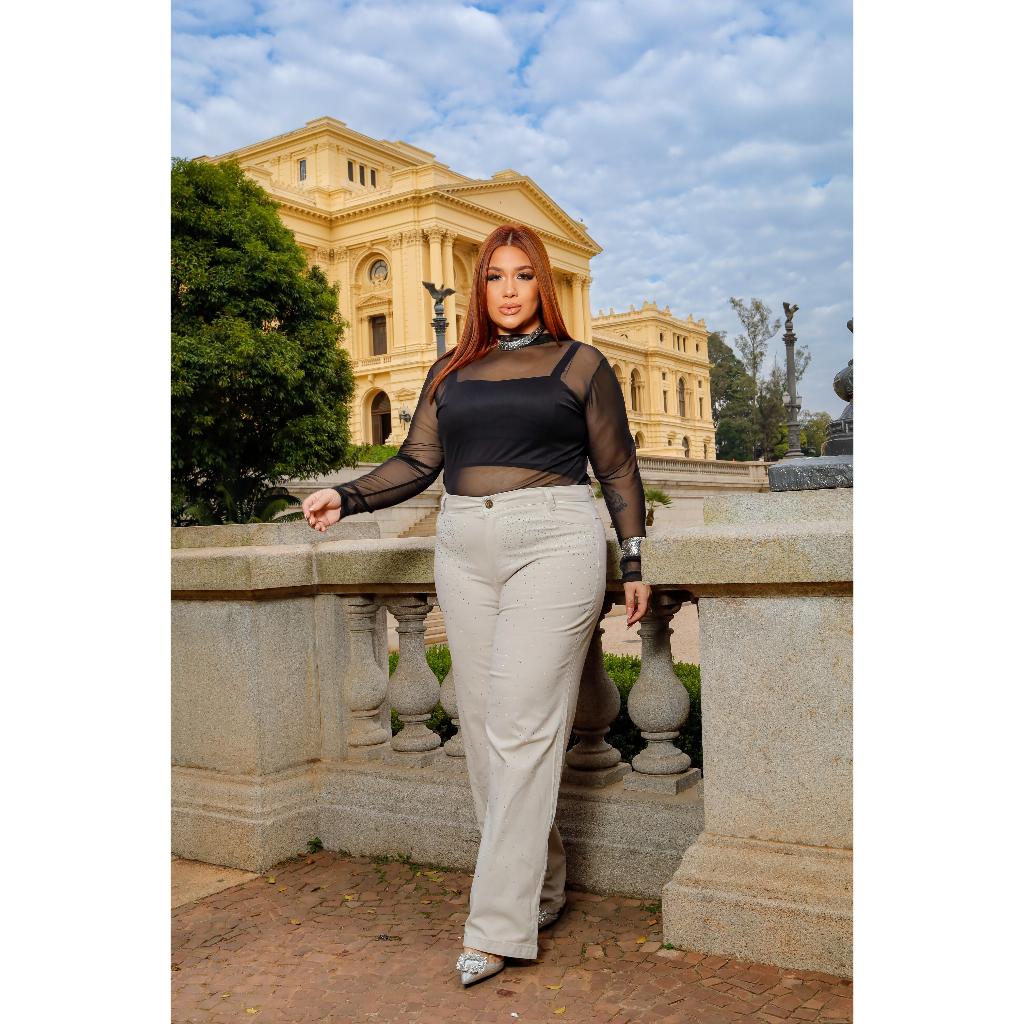 Calça Wide Leg Jeans Areia Com Strass Plus Size Beje Caqui | Shopee Brasil