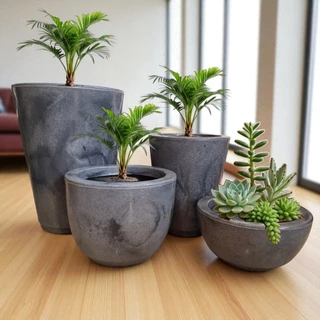 Kit 4 Vasos para Plantas Flores Jardim Luxo Decorativo Marmorizados em Polietileno + prato coletor