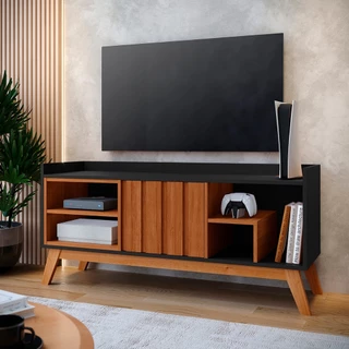 Rack Bancada Para Tv Até 50 Polegadas Pés de Madeira 1 Porta Ripado Nicho Moderno Smolt Varias Cores em Oferta na Shopee