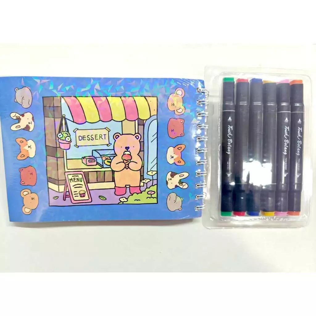 Um caderno de colorir e desenho de 50 páginas + um kit de canetinhas ...