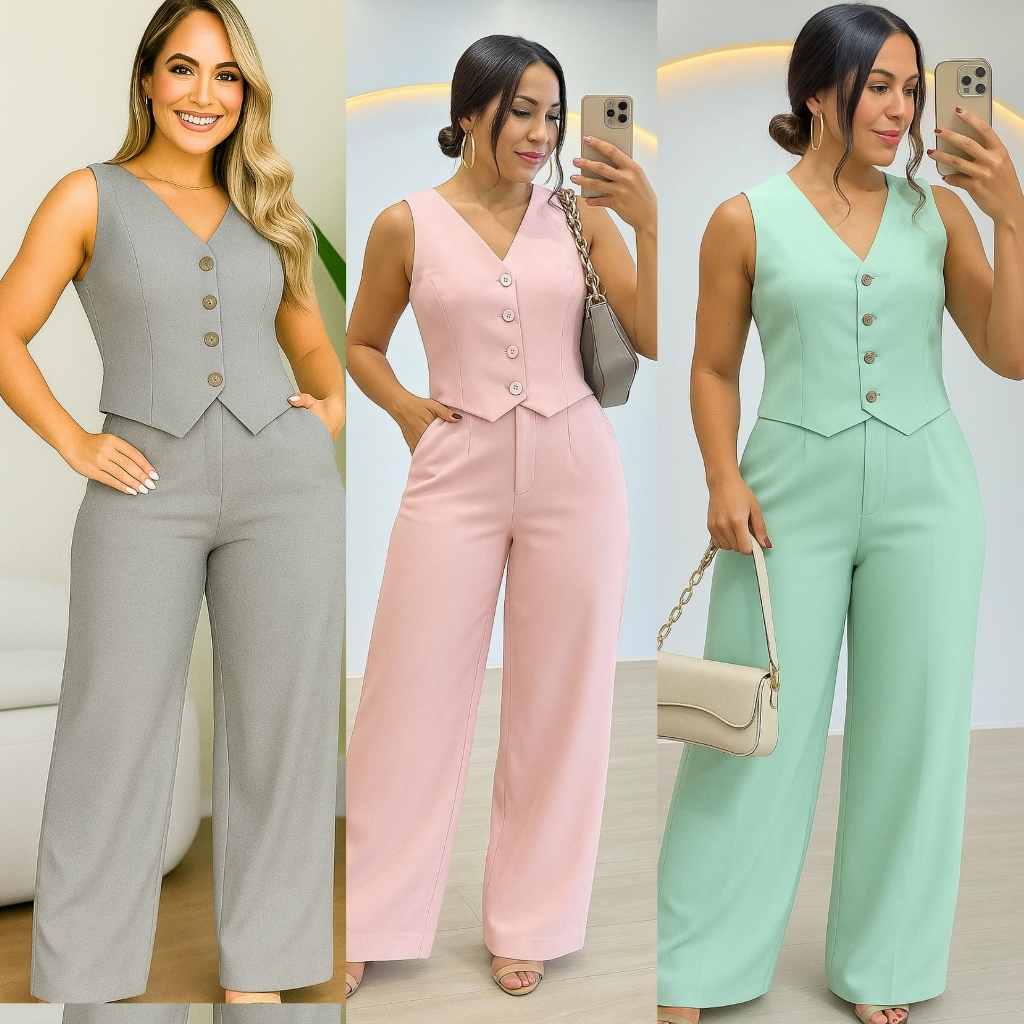 CONJUNTO FEMENINO LOOK SOCIAL E MODERNO EN COLETE E CALÇA | Shopee Brasil