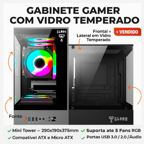 Gabinete Gamer Aquario PC Vidro Mini ATX ITX Premium Capacidade para até 5 ventoinhas de 120mm
