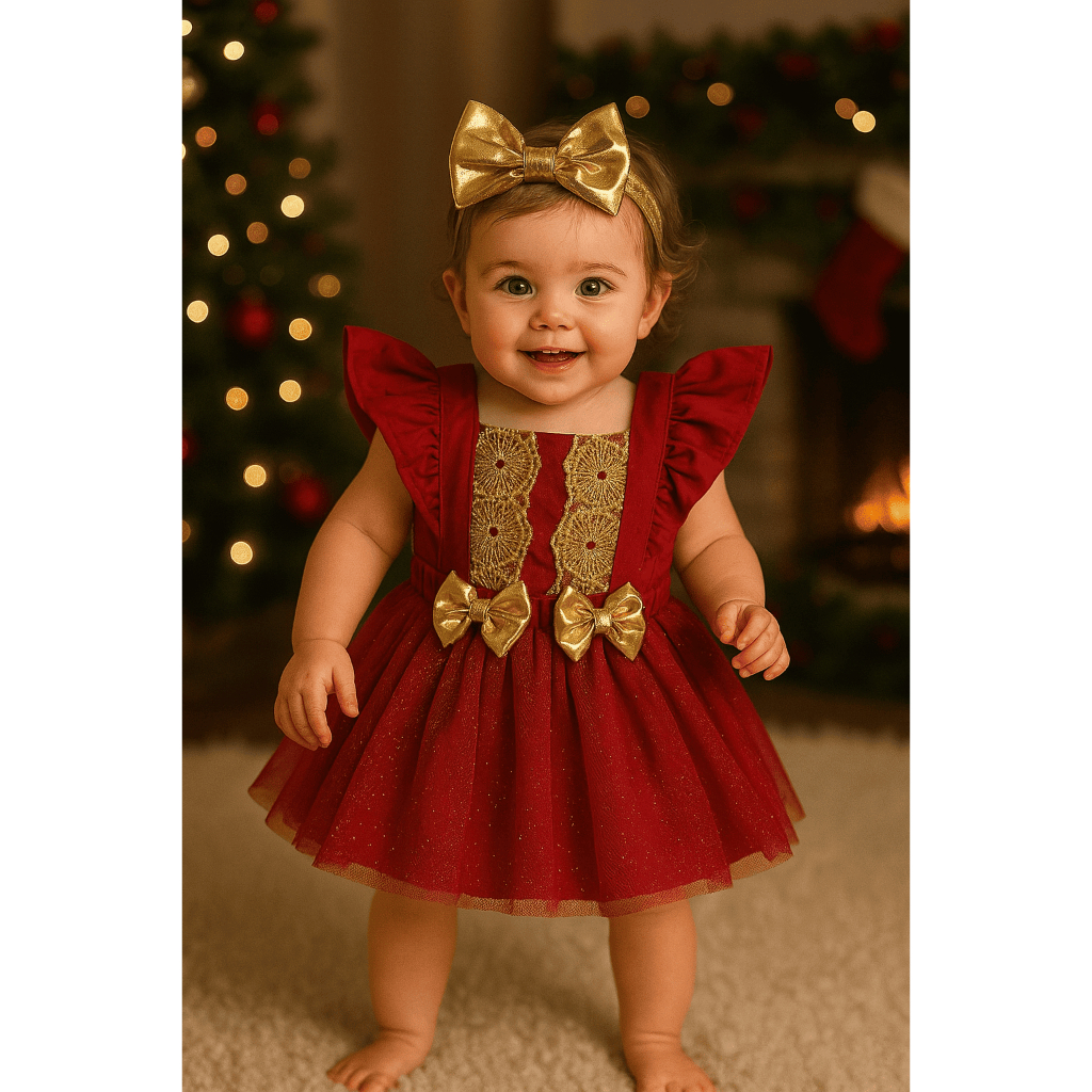 Jardineira Saia Luxo Natal Infantil Menina Com Laço Dourado Tule