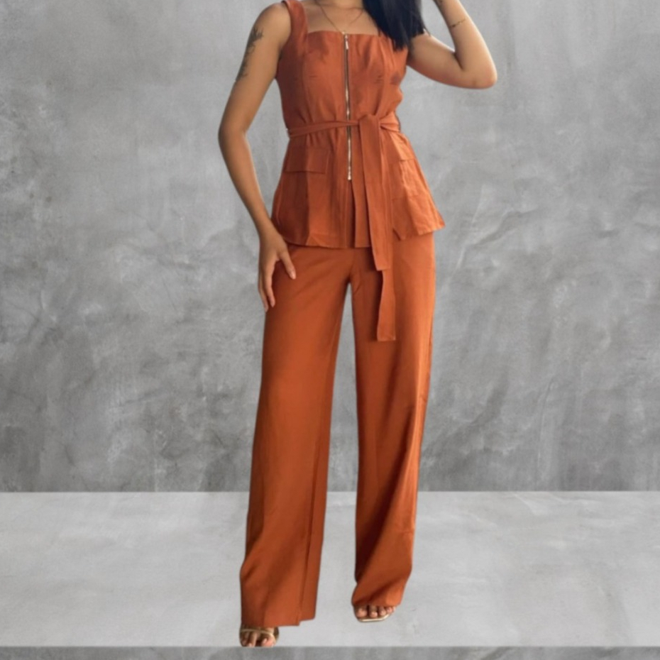 Conjunto Feminino Marrant Colete com Ziper cinto e Calça