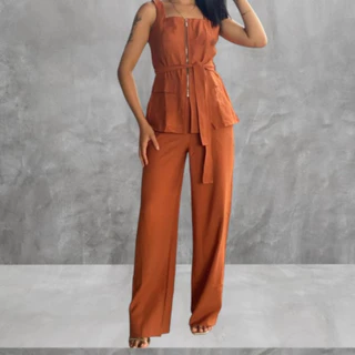 Conjunto Feminino Marrant Colete com Ziper cinto e Calça