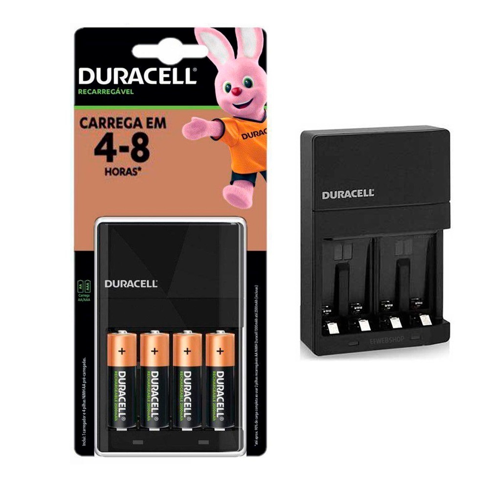 Carregador ou Pilhas Duracell Aa 2500 mAh Recarregáveis CEF14BR4 Bivolt Preto Bivolt