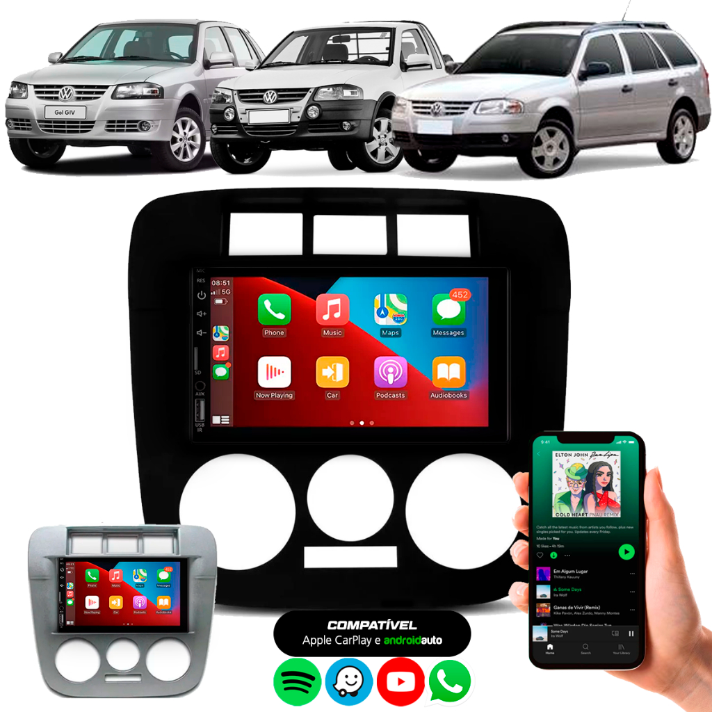 Multimídia 7" Polegadas Gol Saveiro Parati G4 CarPlay Android Auto ...