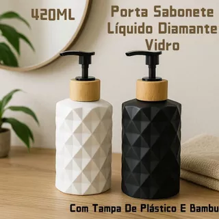 Porta Sabonete Líquido Diamante Vidro 420ML Banheiro Com Tampa De Plástico E Bambu Branco Ou Preto em Oferta na Shopee