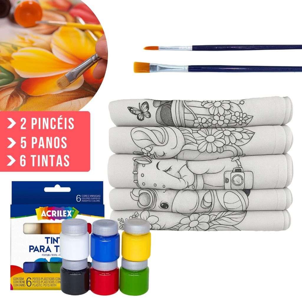 Kit Pintura 5 Panos De Prato Riscado Desenhado Em Algodão + 6 Tintas De Tecido + Pincéis Artesanato