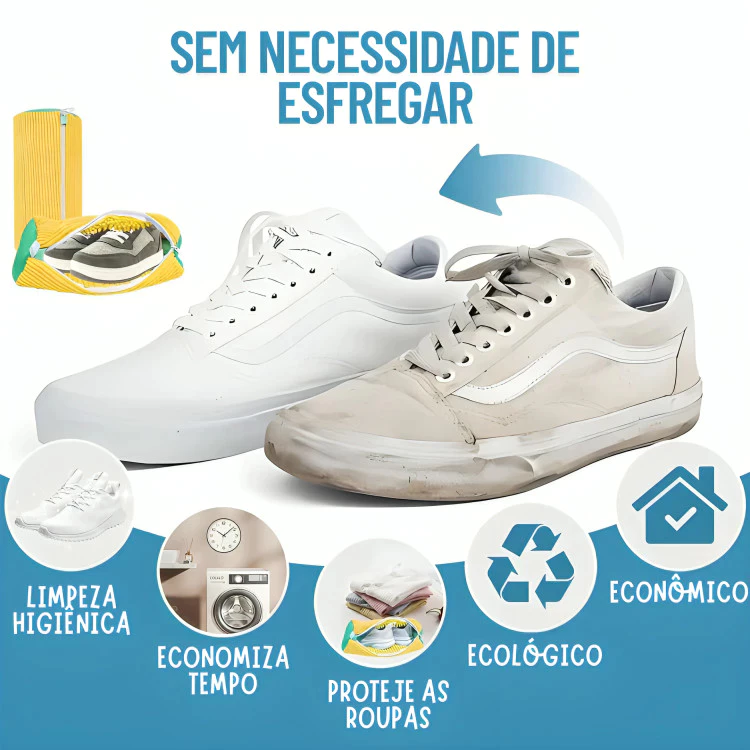 Infográfico comparativo mostrando tênis limpo após uso do saco de lavar e benefícios do produto