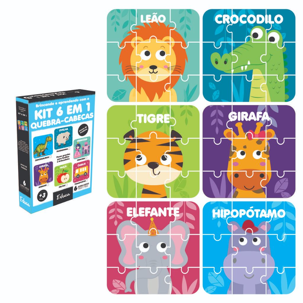 Kit 6 Jogos Quebra Cabeça Animais Infantil em madeira Mdf 9 peças cada ...