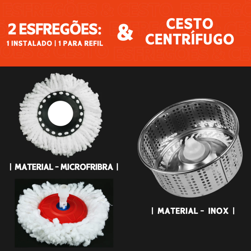 Mop Giratório 360 Cabo 140cm Balde Centrífuga Cesto Inox 14L 2 Refis Microfibra Esfregão Spin - Imagem 2