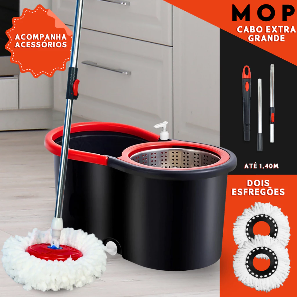 Mop Giratório 360 Cabo 140cm Balde Centrífuga Cesto Inox 14L 2 Refis Microfibra Esfregão Spin