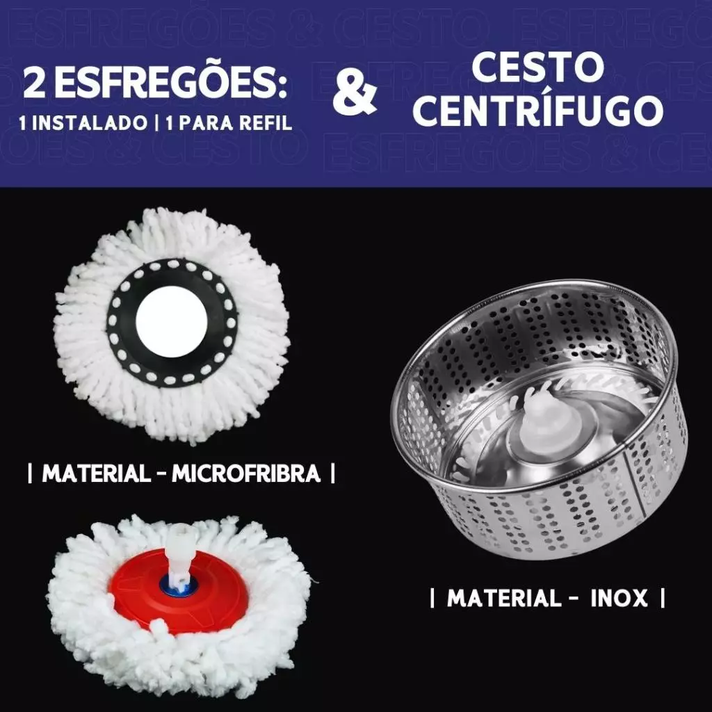 Mop Giratório 360 Cabo 140cm Balde Centrífuga Cesto Inox 14L 2 Refis Microfibra Esfregão Spin - Imagem 4