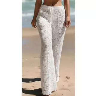 Calça Saída de Praia Feminina Tricot Têndencia Verão Pantalona Rendada Crochê Moda
