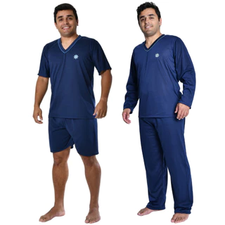Kit 2 Pijamas Masculino Curto Verão e Longo Inverno Gola V e Bordado Malha Leve e Macia